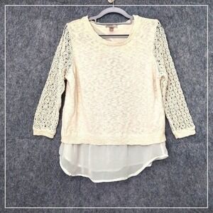 Roz & Ali Tunic Women M Mix Media Crochet Chiffon Knit Slit Back Boho Romantic